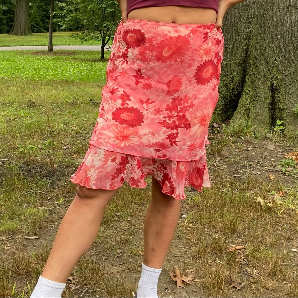 Vintage 90s pink floral patterned slip midi skirt